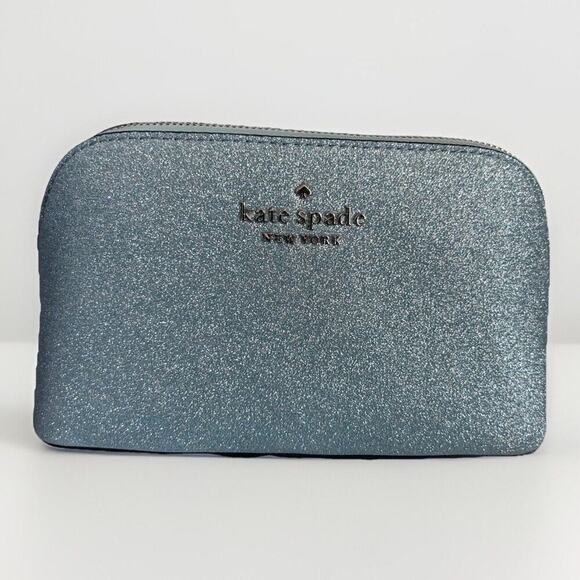 New Kate Spade Blue Tinsel Glitter Cosmetic Bag NWOT Powder Make-up Bathroom - Picture 1 of 11